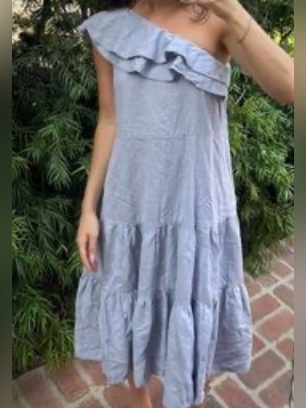 Women's One-Shoulder Ruffle Tiered Midi Dress in Light Blue